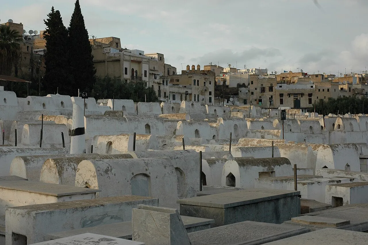 Rows of whitewashed tombs in the Jewish cemetery of the Fes Mellah, with houses of the quarter behind