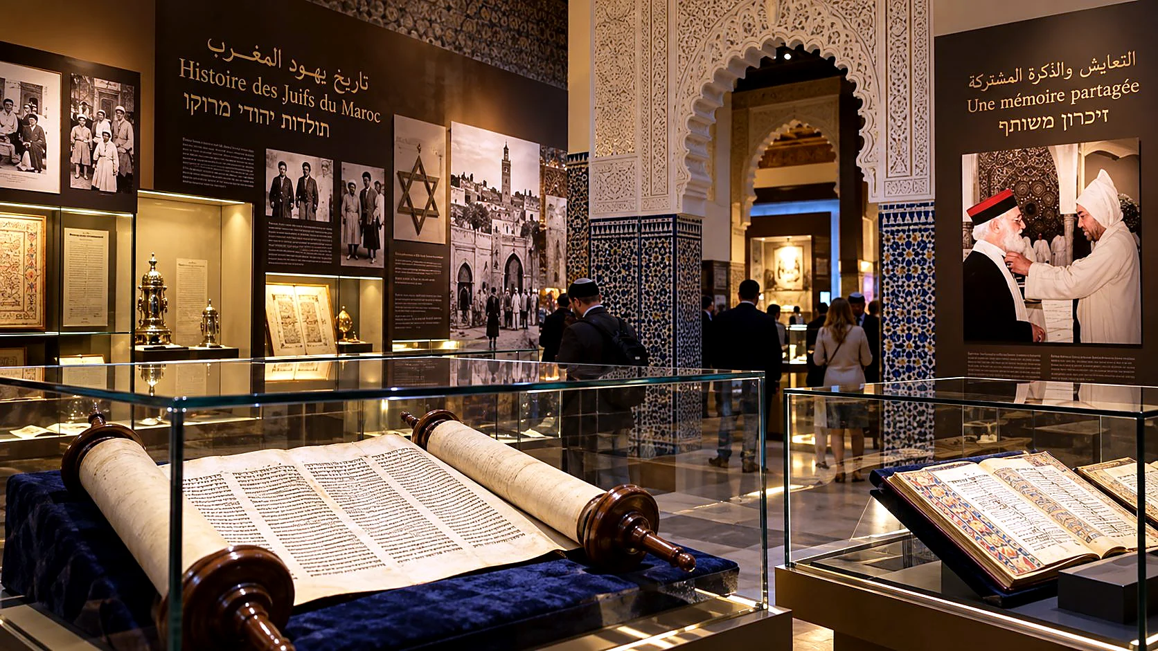 Torah scroll and illuminated manuscripts in glass cases inside the Museum of Moroccan Jewish Culture in Fes, beneath trilingual signage reading History of the Jews of Morocco