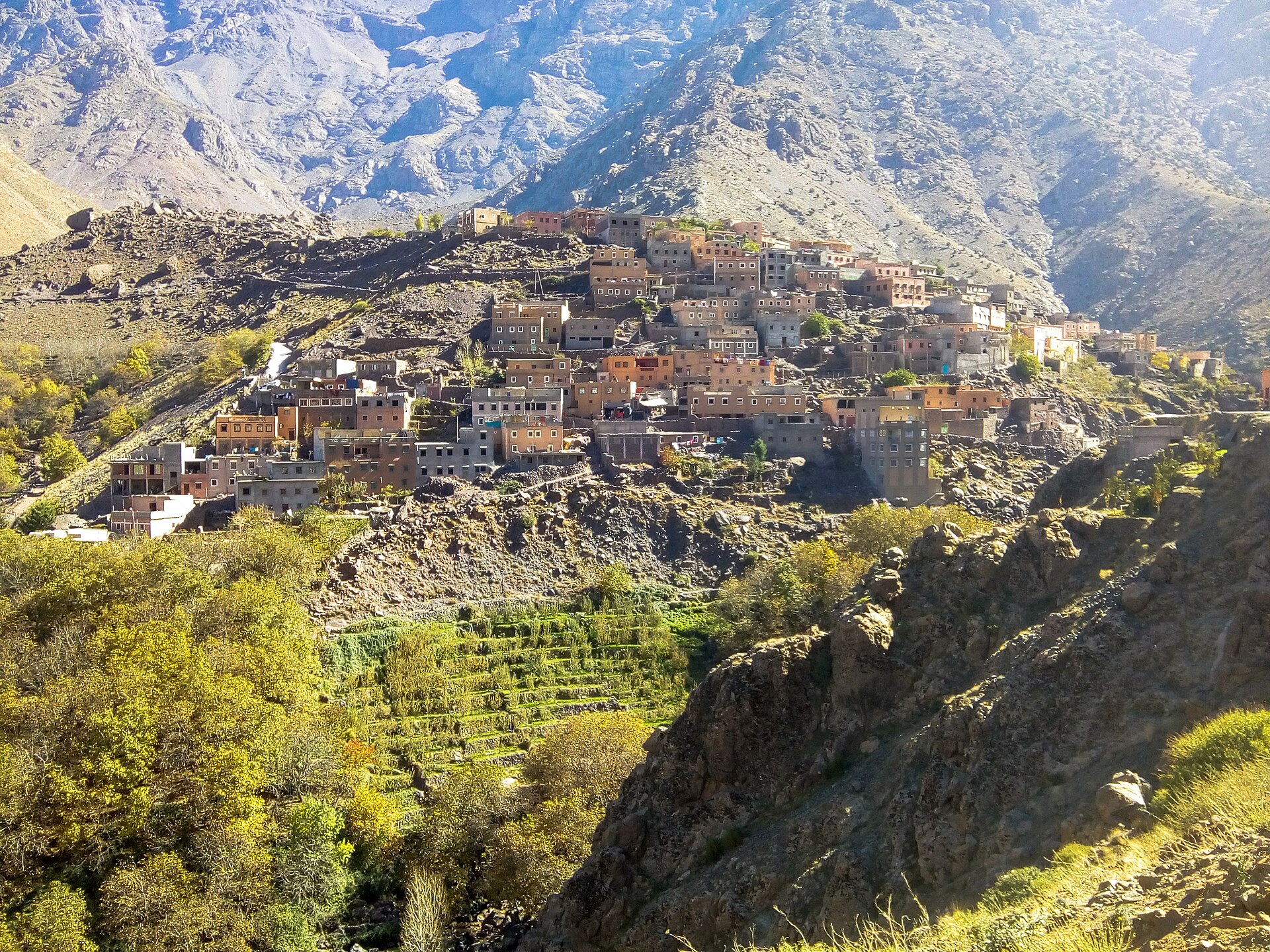 Terraced houses of Imlil village stacked on a hillside in the High Atlas Mountains of Morocco
