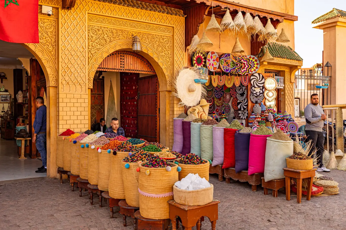 Spices baskets and handmade crafts during a private Marrakech shopping tour