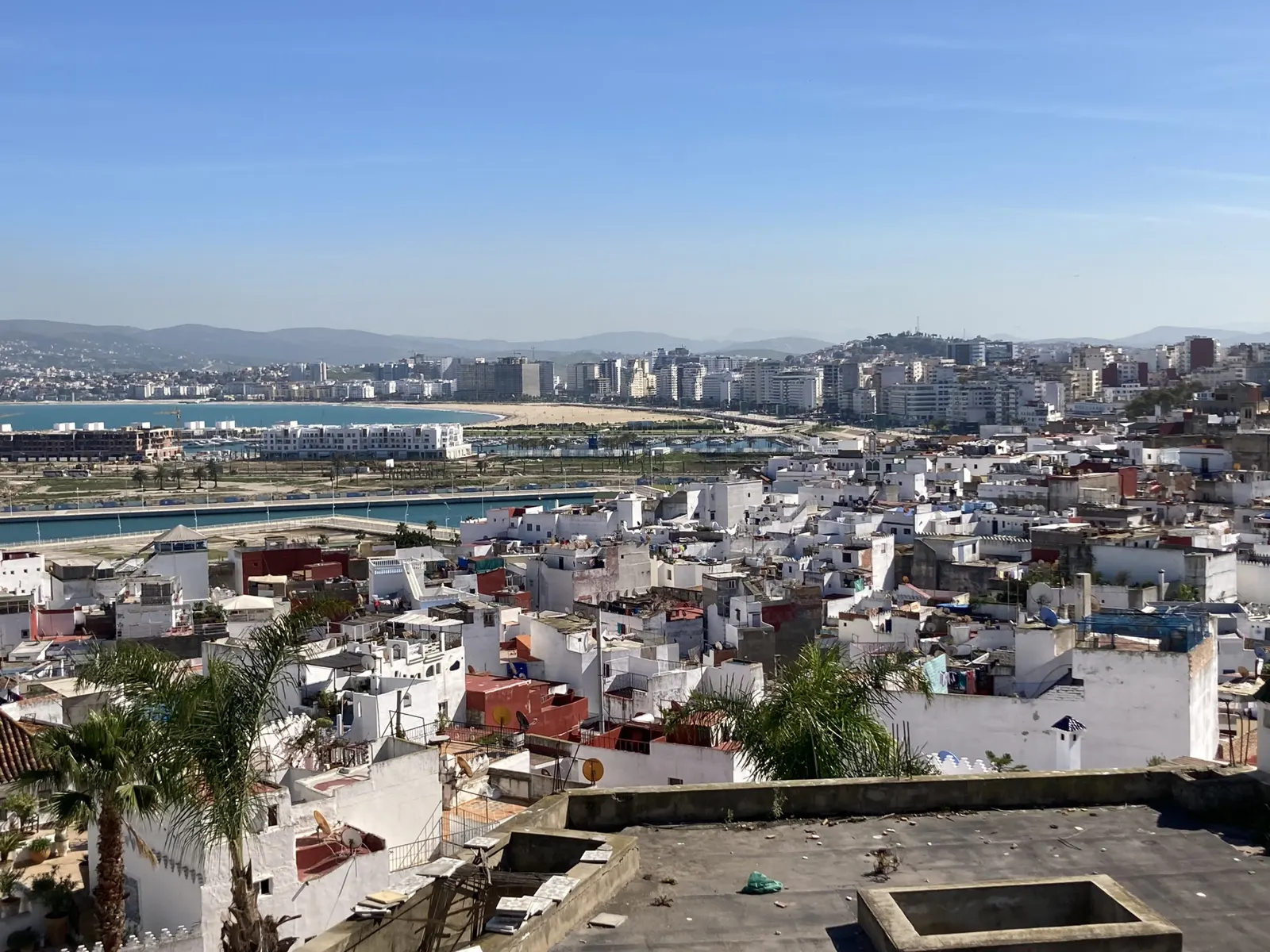 Panorama of Tangier Bay and the city's white buildings on the Strait of Gibraltar