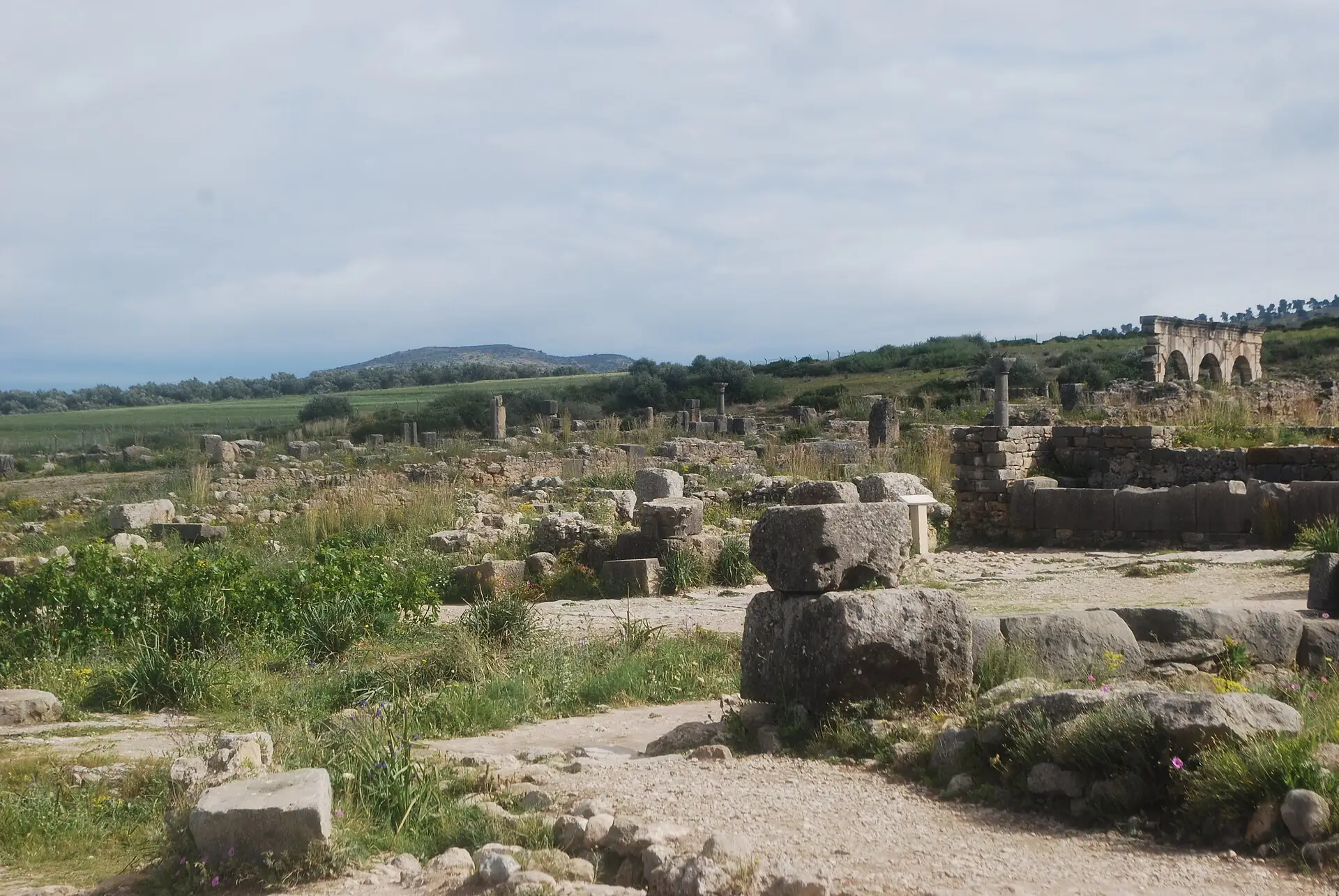 Panoramic view across the Roman ruins of Volubilis towards the Moroccan countryside